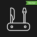 White line Swiss army knife icon isolated on black background. Multi-tool, multipurpose penknife. Multifunctional tool Royalty Free Stock Photo