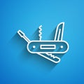 White line Swiss army knife icon isolated on blue background. Multi-tool, multipurpose penknife. Multifunctional tool Royalty Free Stock Photo