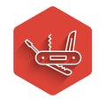 White line Swiss army knife icon isolated with long shadow. Multi-tool, multipurpose penknife. Multifunctional tool. Red Royalty Free Stock Photo