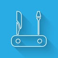 White line Swiss army knife icon isolated with long shadow. Multi-tool, multipurpose penknife. Multifunctional tool Royalty Free Stock Photo