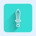 White line Sword toy icon isolated with long shadow. Green square button. Vector