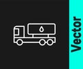 White line Tanker truck icon isolated on black background. Petroleum tanker, petrol truck, cistern, oil trailer. Vector