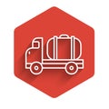 White line Tanker truck icon isolated with long shadow. Petroleum tanker, petrol truck, cistern, oil trailer. Red