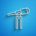 White line Telescope icon isolated on blue background. Scientific tool. Education and astronomy element, spyglass and Royalty Free Stock Photo