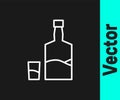 White line Tequila bottle and shot glass icon isolated on black background. Mexican alcohol drink. Vector Royalty Free Stock Photo