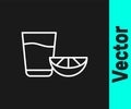 White line Tequila glass with lemon icon isolated on black background. Mexican alcohol drink. Vector Royalty Free Stock Photo