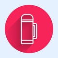 White line Thermos container icon isolated with long shadow. Thermo flask icon. Camping and hiking equipment. Red circle Royalty Free Stock Photo