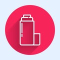 White line Thermos container icon isolated with long shadow. Thermo flask icon. Camping and hiking equipment. Red circle Royalty Free Stock Photo