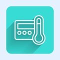 White line Thermostat icon isolated with long shadow. Temperature control. Green square button. Vector