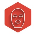 White line Thief mask icon isolated with long shadow. Bandit mask, criminal man. Red hexagon button. Vector Illustration Royalty Free Stock Photo