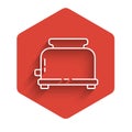 White line Toaster with toasts icon isolated with long shadow. Red hexagon button. Vector Royalty Free Stock Photo