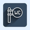 White line Toilet icon isolated with long shadow background. WC sign. Washroom. Blue square button. Vector