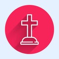 White line Tombstone with cross icon isolated with long shadow. Grave icon. Red circle button. Vector