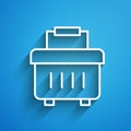 White line Toolbox icon isolated on blue background. Tool box sign. Long shadow. Vector