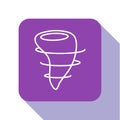White line Tornado icon isolated on white background. Purple square button. Vector Illustration