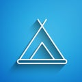 White line Tourist tent icon isolated on blue background. Camping symbol. Long shadow
