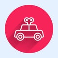 White line Toy car icon isolated with long shadow background. Red circle button. Vector Royalty Free Stock Photo