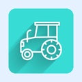 White line Tractor icon isolated with long shadow. Green square button. Vector