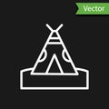 White line Traditional indian teepee or wigwam icon isolated on black background. Indian tent. Vector Royalty Free Stock Photo