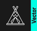 White line Traditional indian teepee or wigwam icon isolated on black background. Indian tent. Vector Royalty Free Stock Photo