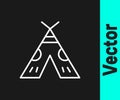 White line Traditional indian teepee or wigwam icon isolated on black background. Indian tent. Vector Illustration Royalty Free Stock Photo