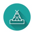 White line Traditional indian teepee or wigwam icon isolated with long shadow. Indian tent. Green circle button. Vector Royalty Free Stock Photo