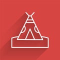 White line Traditional indian teepee or wigwam icon isolated with long shadow. Indian tent. Vector Royalty Free Stock Photo