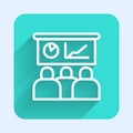 White line Training, presentation icon isolated with long shadow. Green square button. Vector Royalty Free Stock Photo