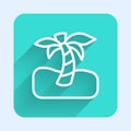 White line Tropical palm tree icon isolated with long shadow. Coconut palm tree. Green square button. Vector Royalty Free Stock Photo