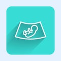 White line Ultrasound of baby icon isolated with long shadow. Fetus. Green square button. Vector