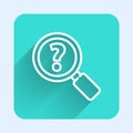 White line Unknown search icon isolated with long shadow. Magnifying glass and question mark. Green square button