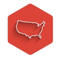 White line USA map icon isolated with long shadow background. Map of the United States of America. Red hexagon button Royalty Free Stock Photo