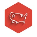 White line USA map icon isolated with long shadow. Map of the United States of America. Red hexagon button. Vector Royalty Free Stock Photo