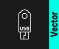 White line USB flash drive icon isolated on black background. Vector Royalty Free Stock Photo