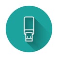 White line USB flash drive icon isolated with long shadow background. Green circle button. Vector Royalty Free Stock Photo