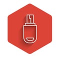 White line USB flash drive icon isolated with long shadow. Red hexagon button. Vector Illustration