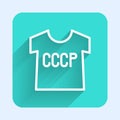 White line USSR t-shirt icon isolated with long shadow. Green square button. Vector