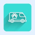 White line Veterinary ambulance icon isolated with long shadow. Veterinary clinic symbol. Green square button. Vector Royalty Free Stock Photo