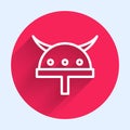 White line Viking in horned helmet icon isolated with long shadow. Red circle button. Vector