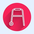 White line Walker for disabled person icon isolated with long shadow. Red circle button. Vector