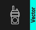 White line Walkie talkie icon isolated on black background. Portable radio transmitter icon. Radio transceiver sign Royalty Free Stock Photo