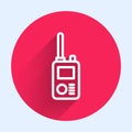 White line Walkie talkie icon isolated with long shadow. Portable radio transmitter icon. Radio transceiver sign. Red circle Royalty Free Stock Photo