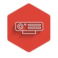 White line Web camera icon isolated with long shadow. Chat camera. Webcam icon. Red hexagon button. Vector Royalty Free Stock Photo