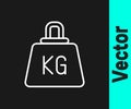 White line Weight icon isolated on black background. Kilogram weight block for weight lifting and scale. Mass symbol