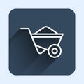 White line Wheelbarrow icon isolated with long shadow background. Tool equipment. Agriculture cart wheel farm. Blue