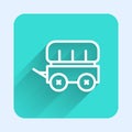 White line Wild west covered wagon icon isolated with long shadow. Green square button. Vector Royalty Free Stock Photo