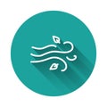 White line Wind icon isolated with long shadow. Windy weather. Green circle button. Vector Illustration