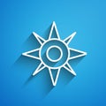 White line Wind rose icon isolated on blue background. Compass icon for travel. Navigation design. Long shadow. Vector Royalty Free Stock Photo
