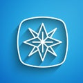 White line Wind rose icon isolated on blue background. Compass icon for travel. Navigation design. Long shadow. Vector Royalty Free Stock Photo