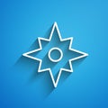 White line Wind rose icon isolated on blue background. Compass icon for travel. Navigation design. Long shadow. Vector Royalty Free Stock Photo